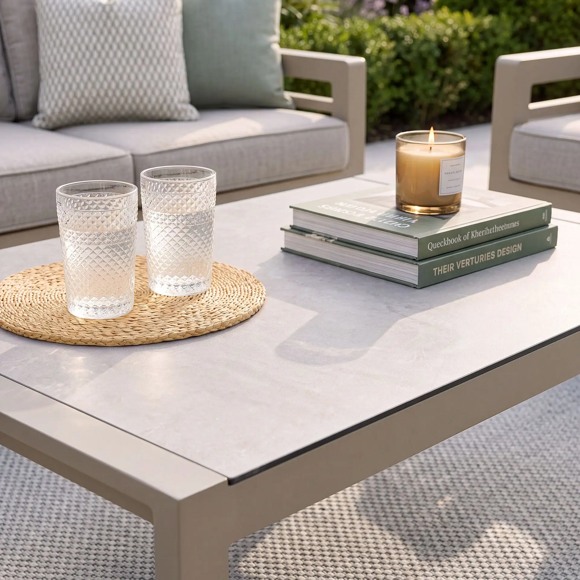 New York 2 Seat Aluminium Sofa Set with Ceramic Glass Coffee Table - Latte