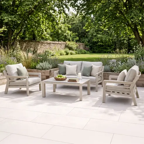 New York 2 Seat Aluminium Sofa Set with Ceramic Glass Coffee Table - Latte New York 2 Seat Aluminium Sofa Set with Ceramic Glass Coffee Table - Latte