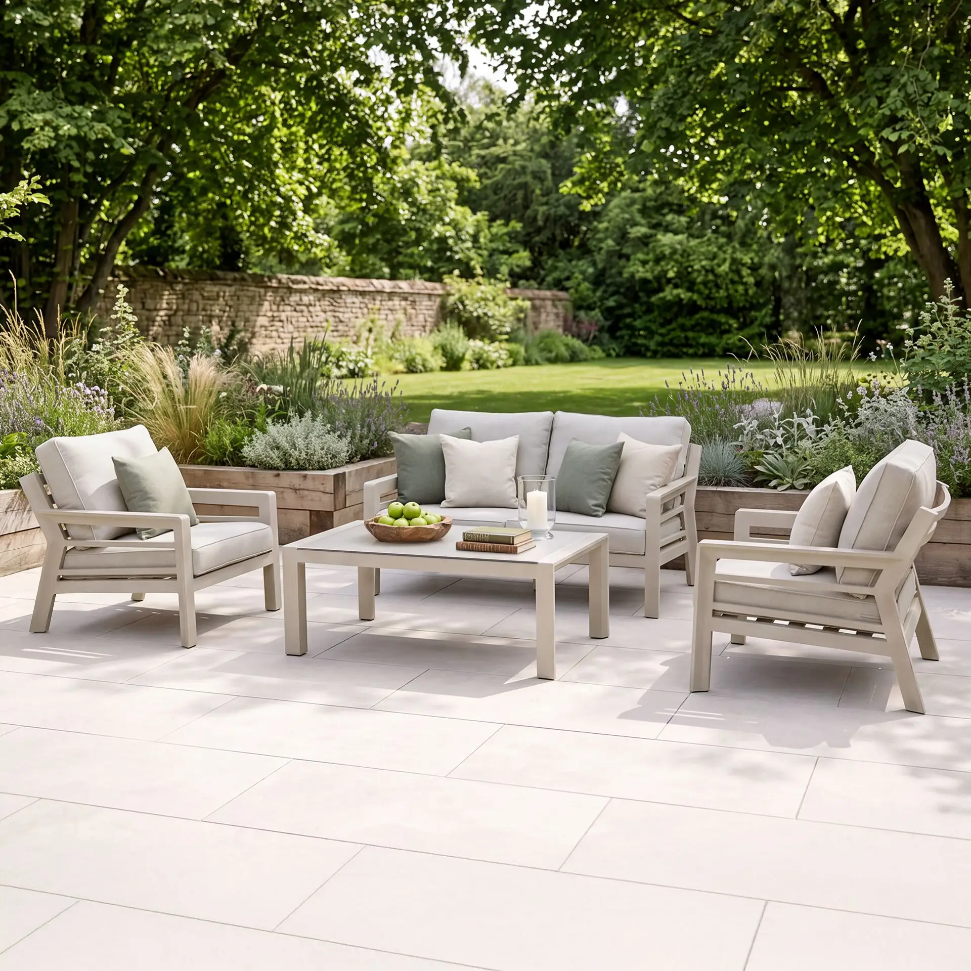 New York 2 Seat Aluminium Sofa Set with Ceramic Glass Coffee Table - Latte