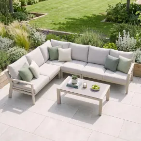 New York Aluminium Corner Sofa Set with Ceramic Glass Coffee Table - Latte