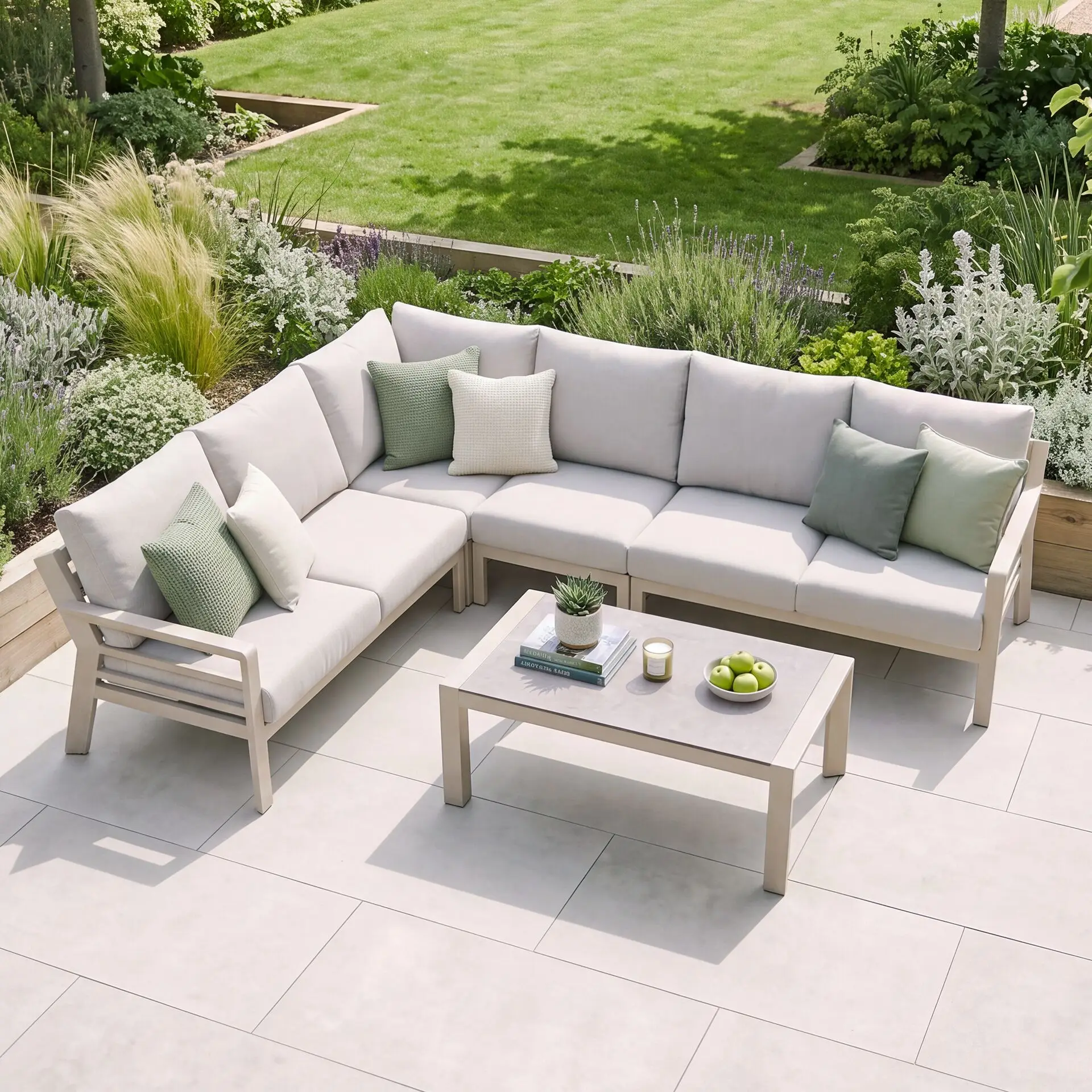 New York Aluminium Corner Sofa Set with Ceramic Glass Coffee Table - Latte