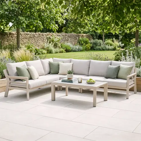 New York Aluminium Corner Sofa Set with Ceramic Glass Coffee Table - Latte New York Aluminium Corner Sofa Set with Ceramic Glass Coffee Table - Latte