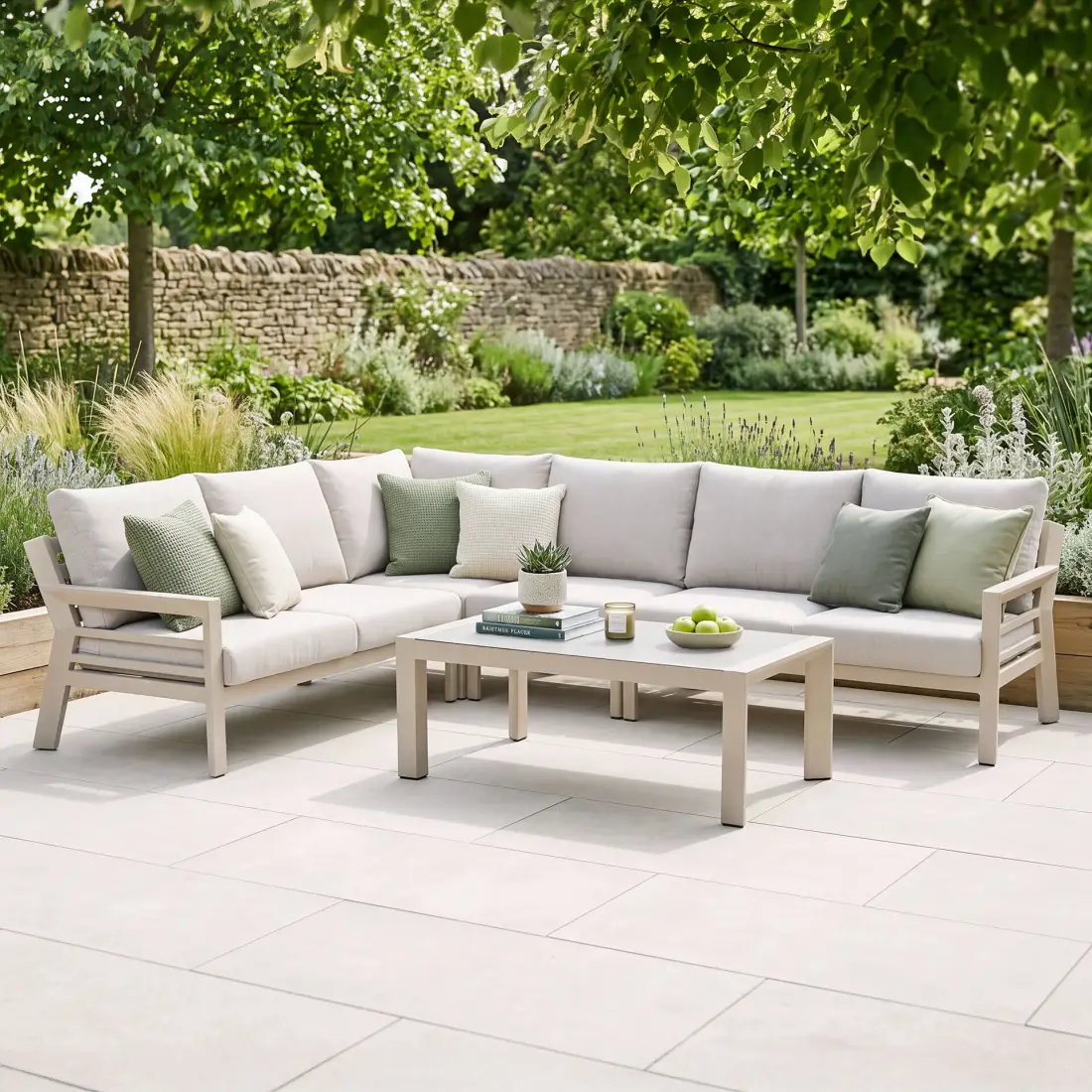 New York Aluminium Corner Sofa Set with Ceramic Glass Coffee Table - Latte New York Aluminium Corner Sofa Set with Ceramic Glass Coffee Table - Latte