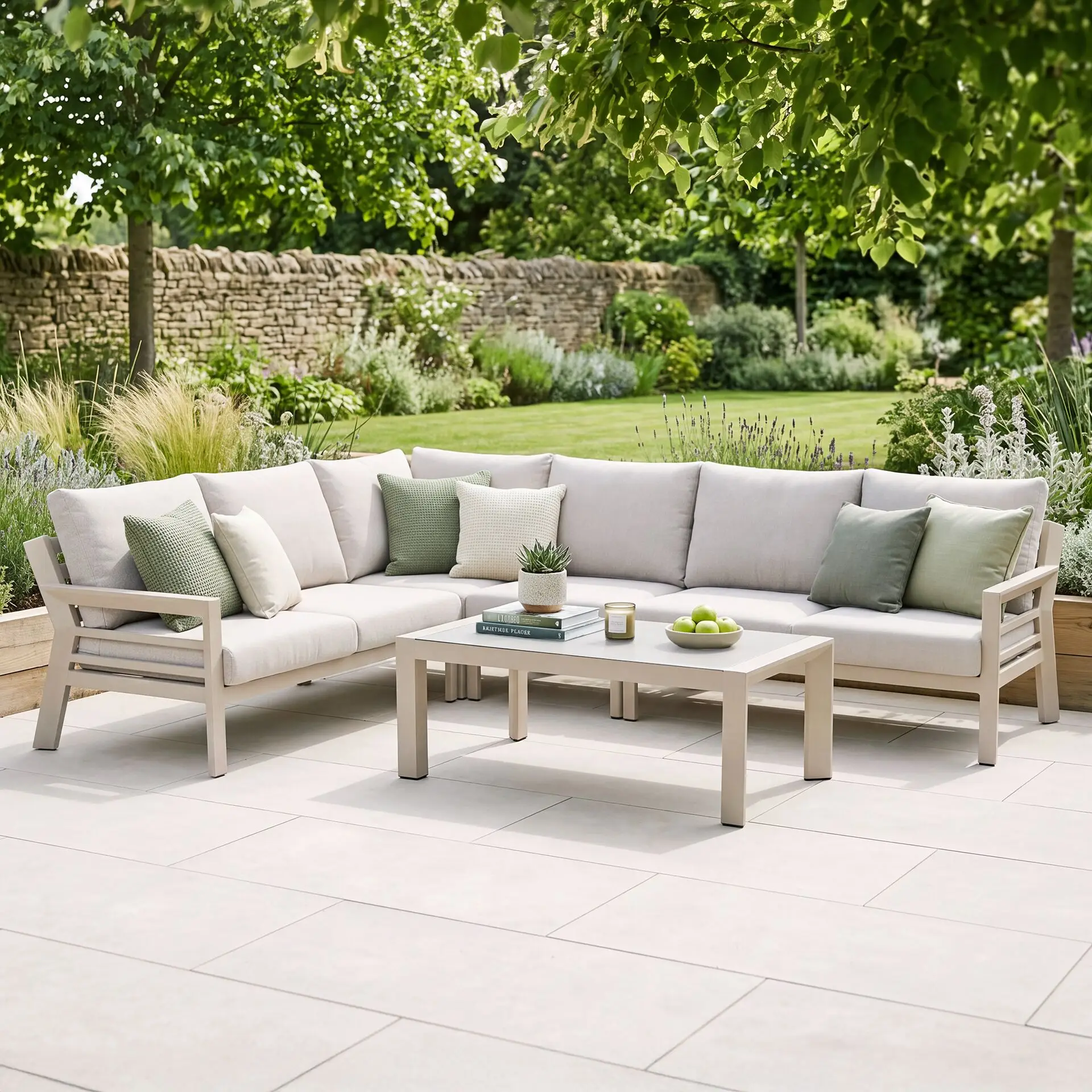 New York Aluminium Corner Sofa Set with Ceramic Glass Coffee Table - Latte