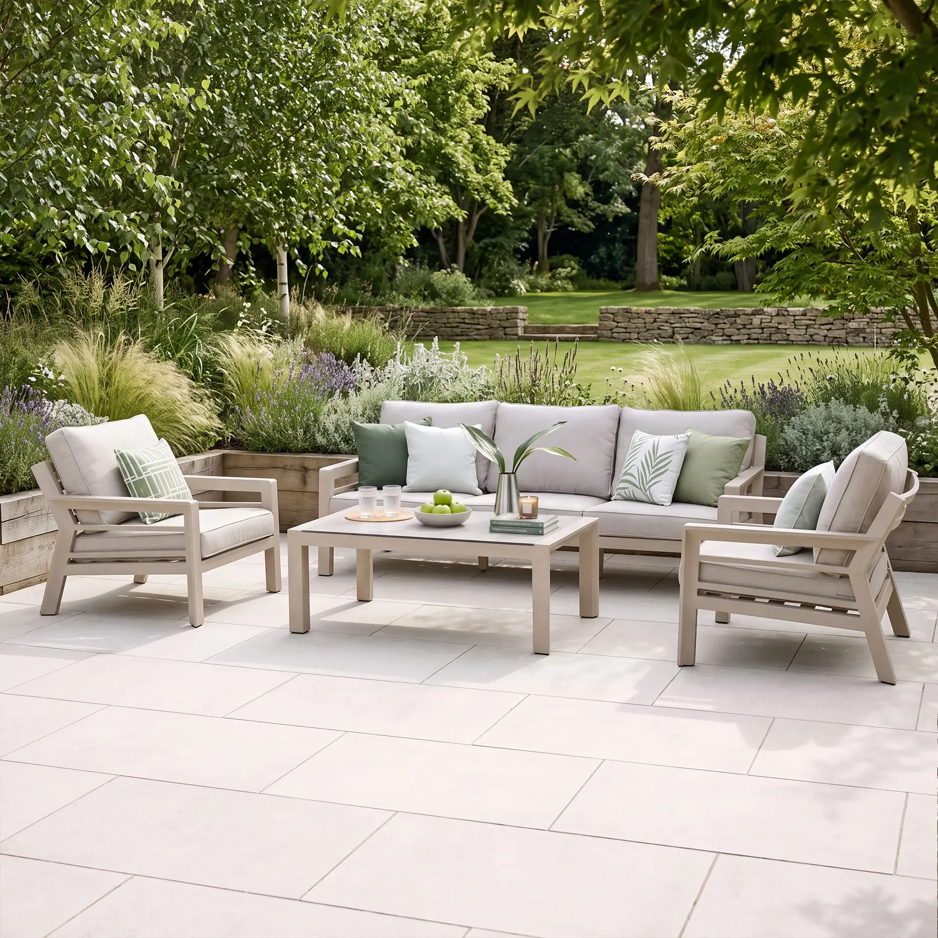 New York 3 Seat Aluminium Sofa Set with Ceramic Coffee Table - Latte