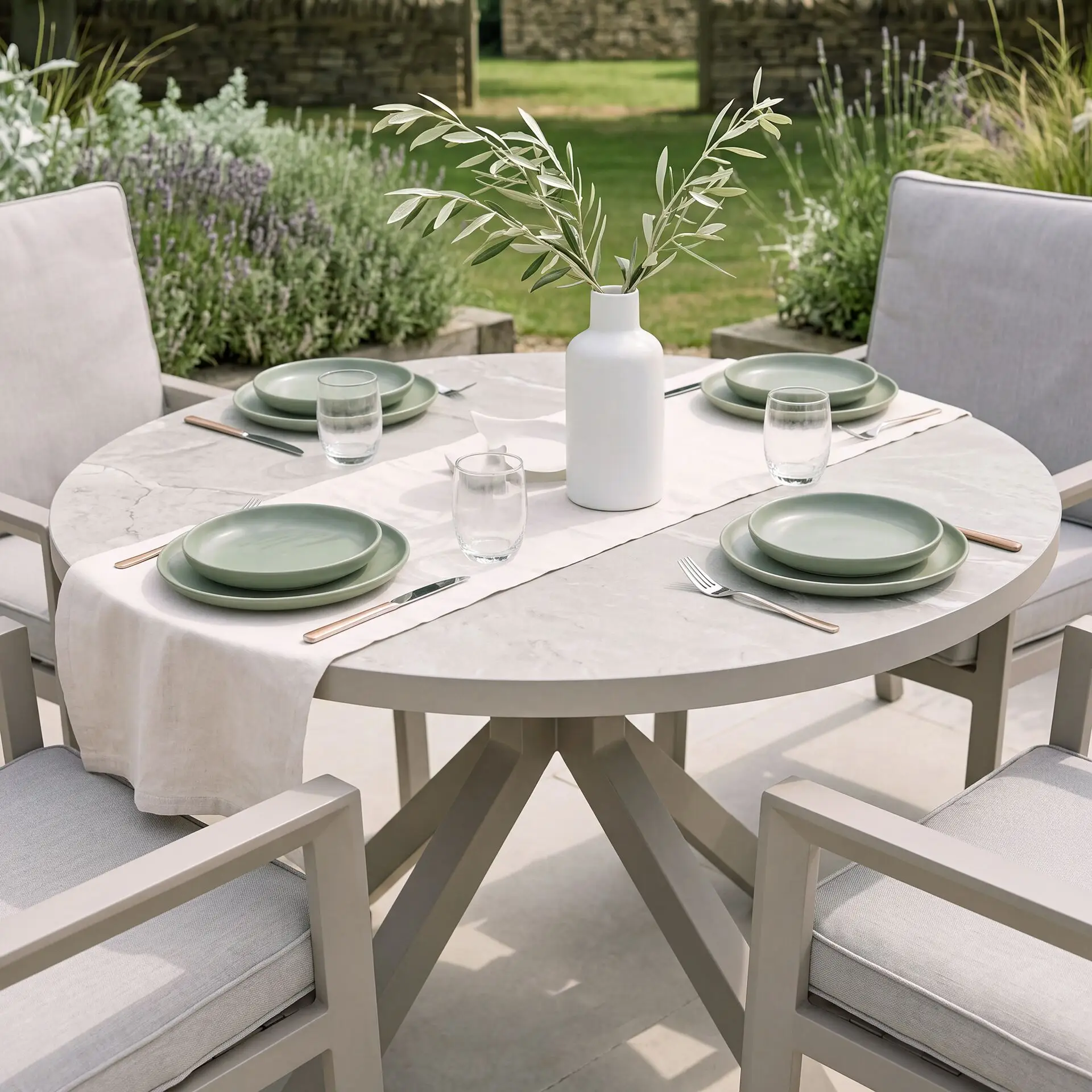 New York 4 Seat Round Aluminium Ceramic Glass Dining Set - Latte