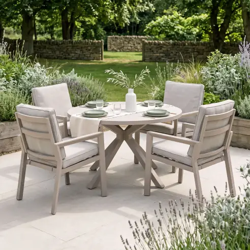 New York 4 Seat Round Aluminium Ceramic Glass Dining Set - Latte New York 4 Seat Round Aluminium Ceramic Glass Dining Set - Latte