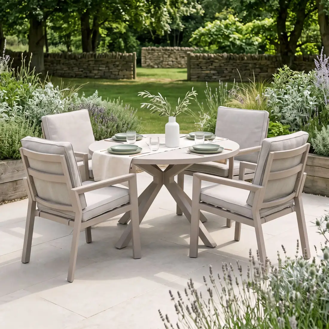 New York 4 Seat Round Aluminium Ceramic Glass Dining Set - Latte New York 4 Seat Round Aluminium Ceramic Glass Dining Set - Latte