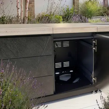 Monarch Linear Outdoor Kitchen with 4 Burner Gas Grill, Sink and Single Fridge