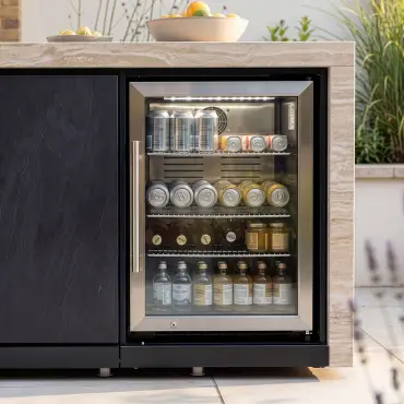 Monarch Linear Outdoor Kitchen with 4 Burner Gas Grill, Sink and Single Fridge