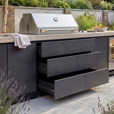 Monarch Linear Outdoor Kitchen with 4 Burner Gas Grill, Sink and Single Fridge