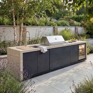 Monarch Linear Outdoor Kitchen with 4 Burner Gas Grill, Sink and Single Fridge