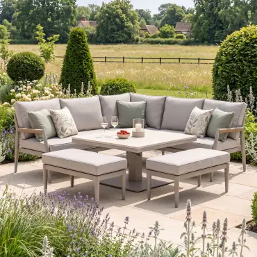 Cambridge Rattan Rope Corner Sofa Dining Set - Sintered Stone Rising Table & 2 Footstools