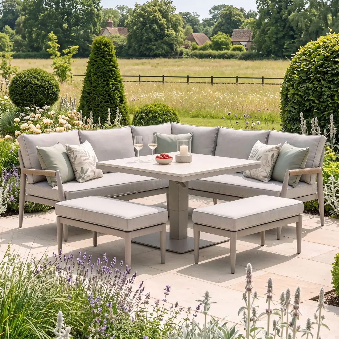 Cambridge Rattan Rope Corner Sofa Dining Set - Sintered Stone Rising Table & 2 Footstools Cambridge Rattan Rope Corner Sofa Dining Set - Sintered Stone Rising Table & 2 Footstools