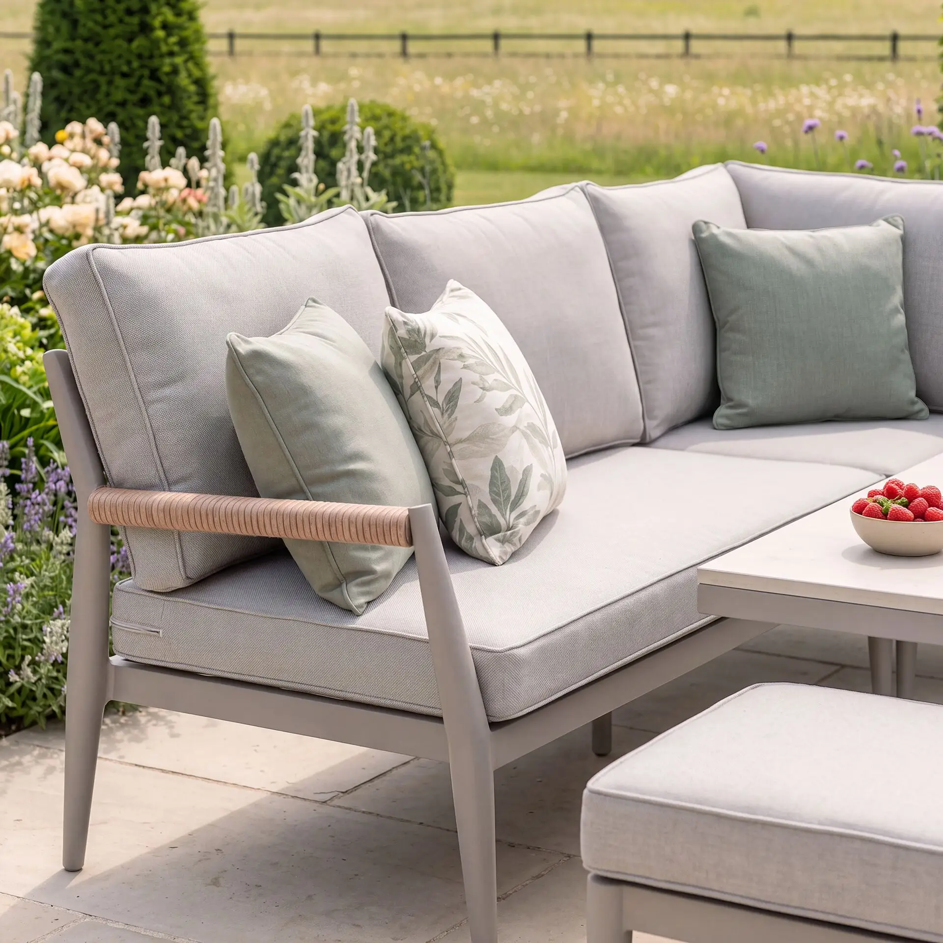 Cambridge Rattan Rope Corner Sofa Dining Set - Sintered Stone Rising Table & 2 Footstools
