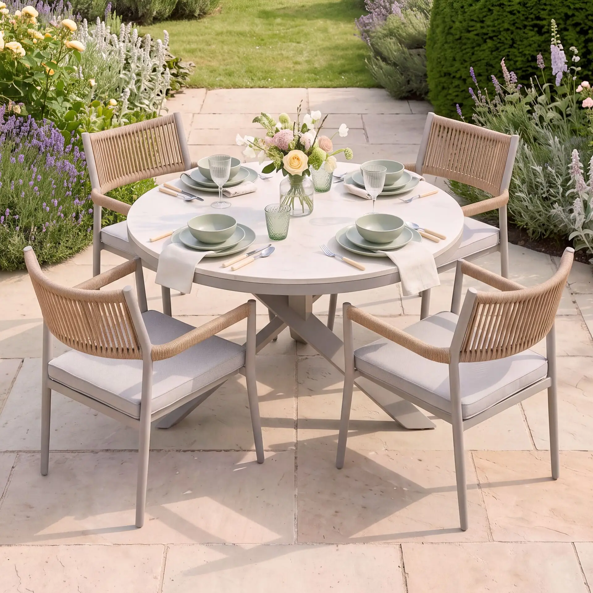 Cambridge Rattan Rope 4 Seat Round Sintered Stone Dining Set