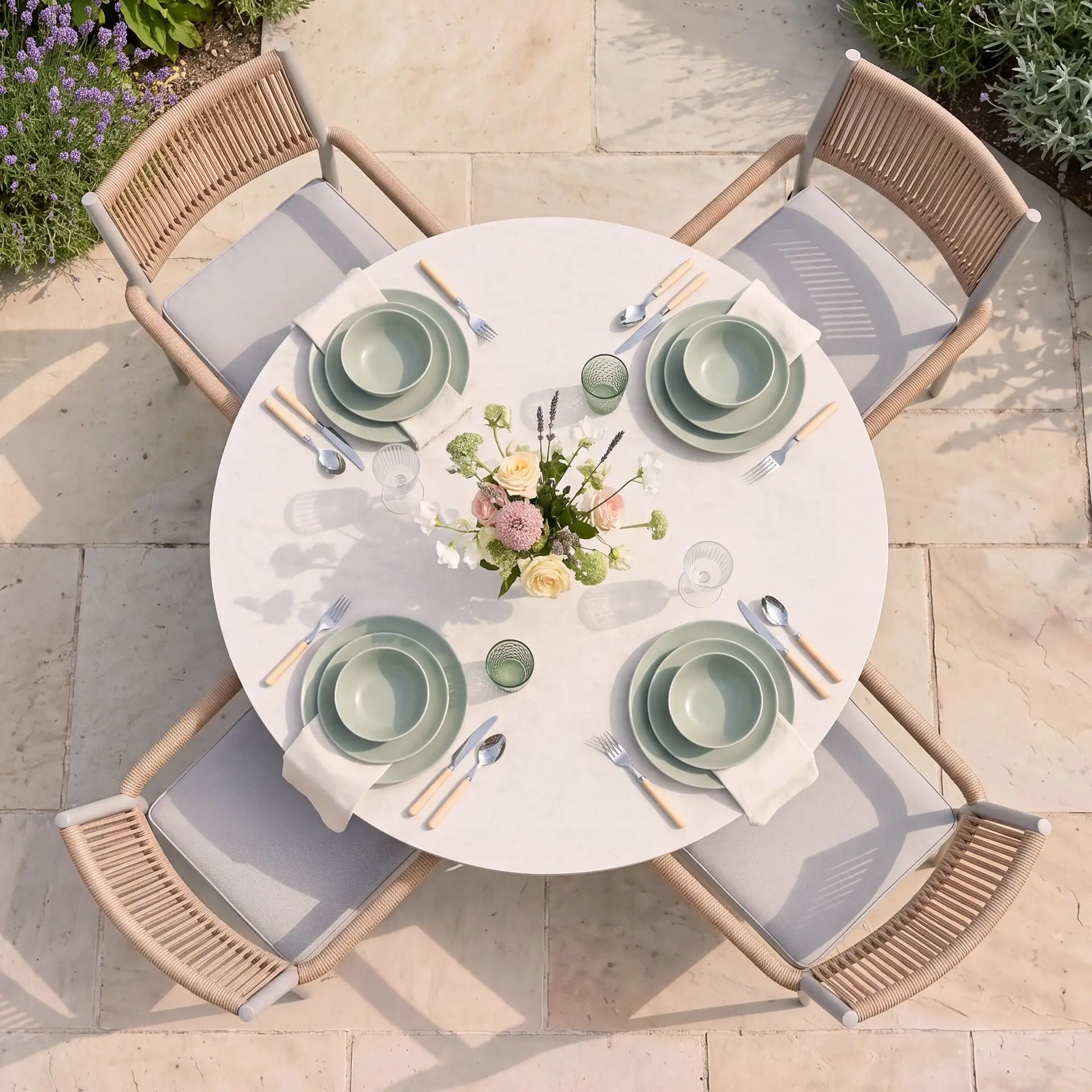 Cambridge Rattan Rope 4 Seat Round Sintered Stone Dining Set