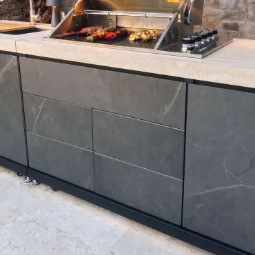 Monarch Linear Outdoor Kitchen with 4 Burner Gas Grill, Sink and Single Fridge