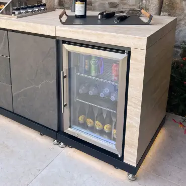 Monarch Linear Outdoor Kitchen with 4 Burner Gas Grill, Sink and Single Fridge
