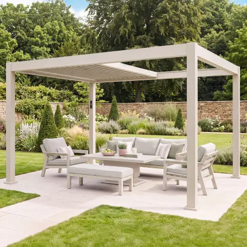 Aurora 3m x 4m Aluminium Retractable Roof Pergola with Solar Charging LED Lights - Latte Aurora 3m x 4m Aluminium Retractable Roof Pergola with Solar Charging LED Lights - Latte