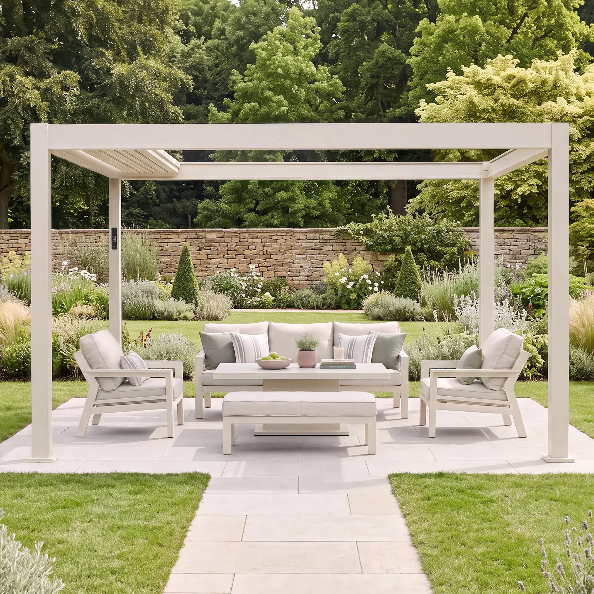 Aurora 3m x 4m Aluminium Retractable Roof Pergola with Solar Charging LED Lights - Latte