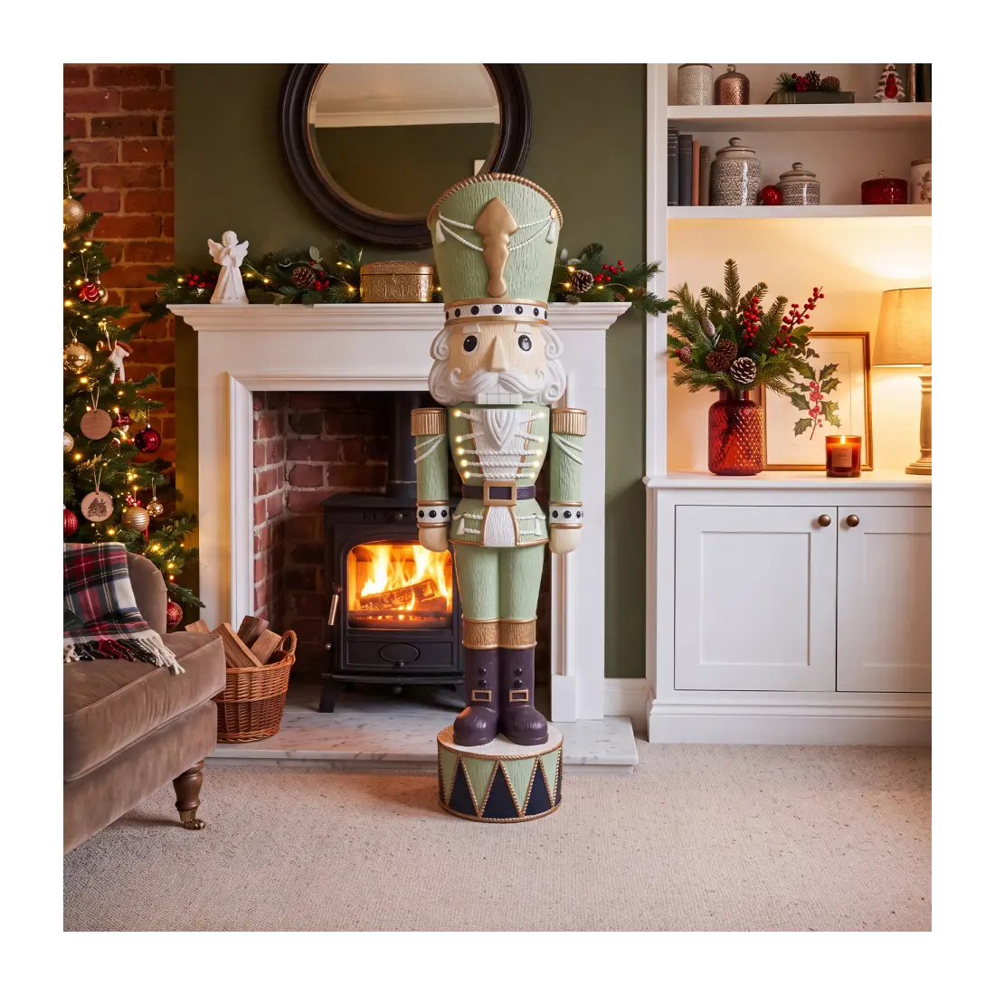 5ft Light Up Wood-Look Nutcracker Figure - Whimsical Verde 1.5m