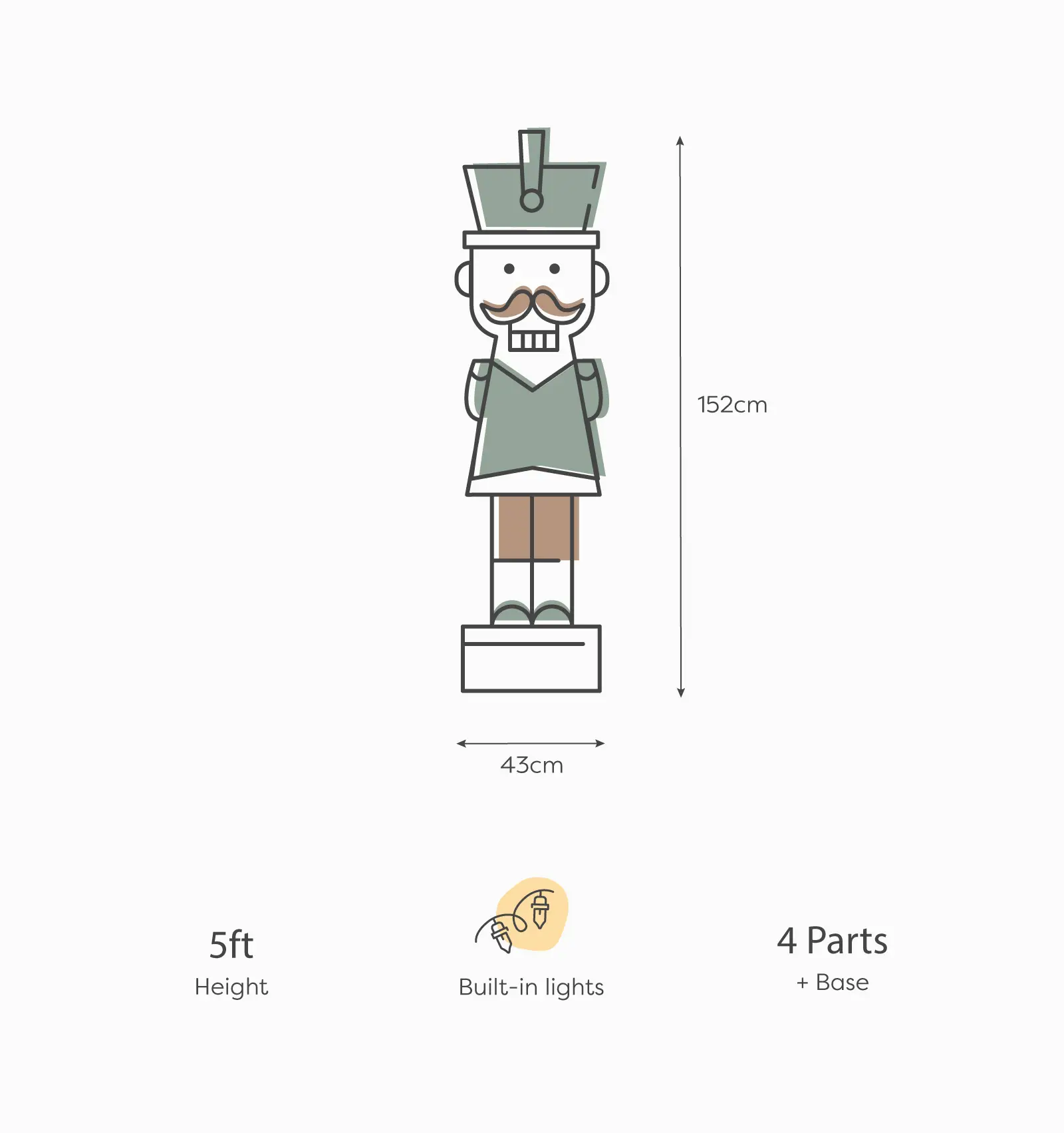 5ft Light Up Wood-Look Nutcracker Figure in Gum Drop Swizzle - 1.5m