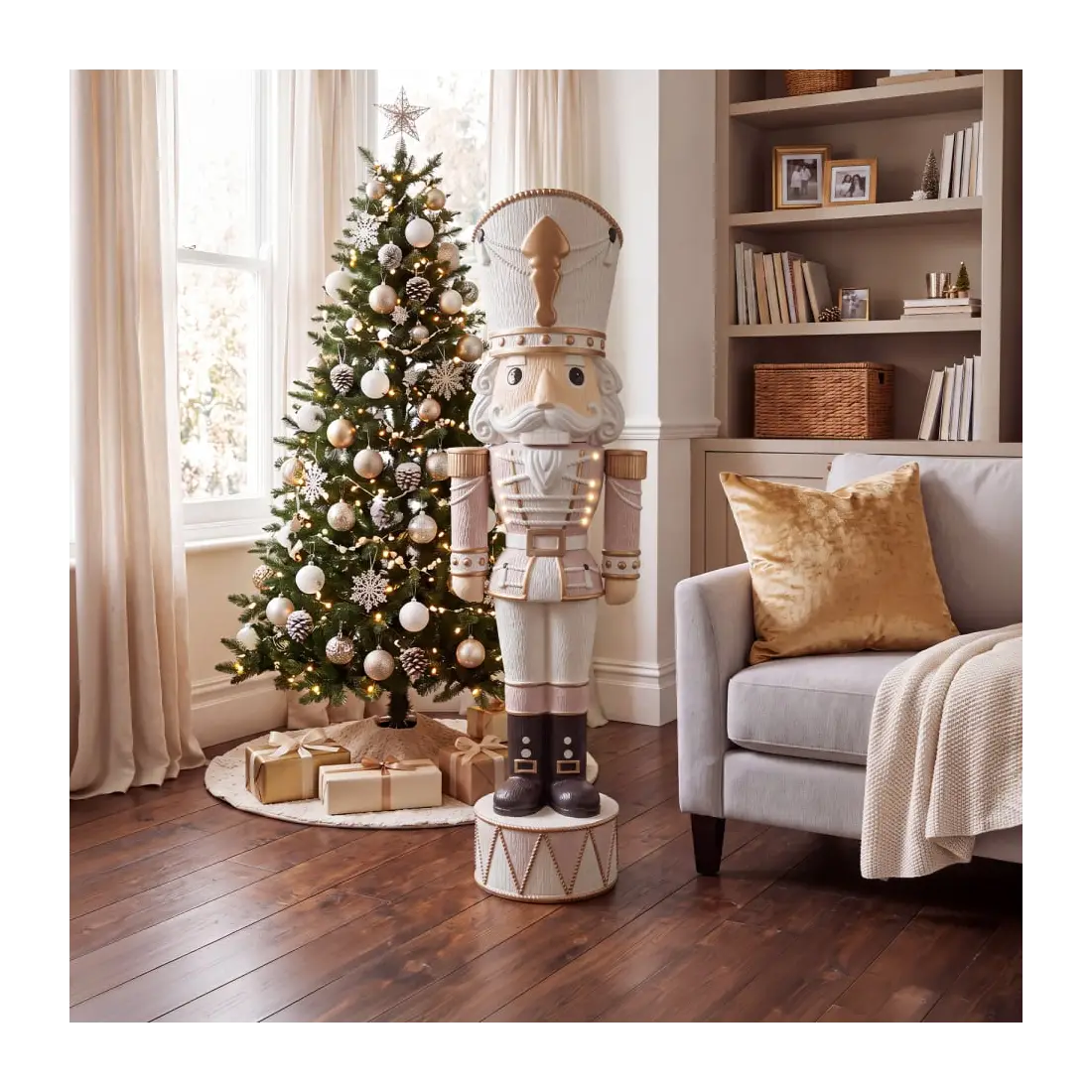 5ft Light Up Wood-Look Nutcracker Figure in Natural Luxe - 1.5m