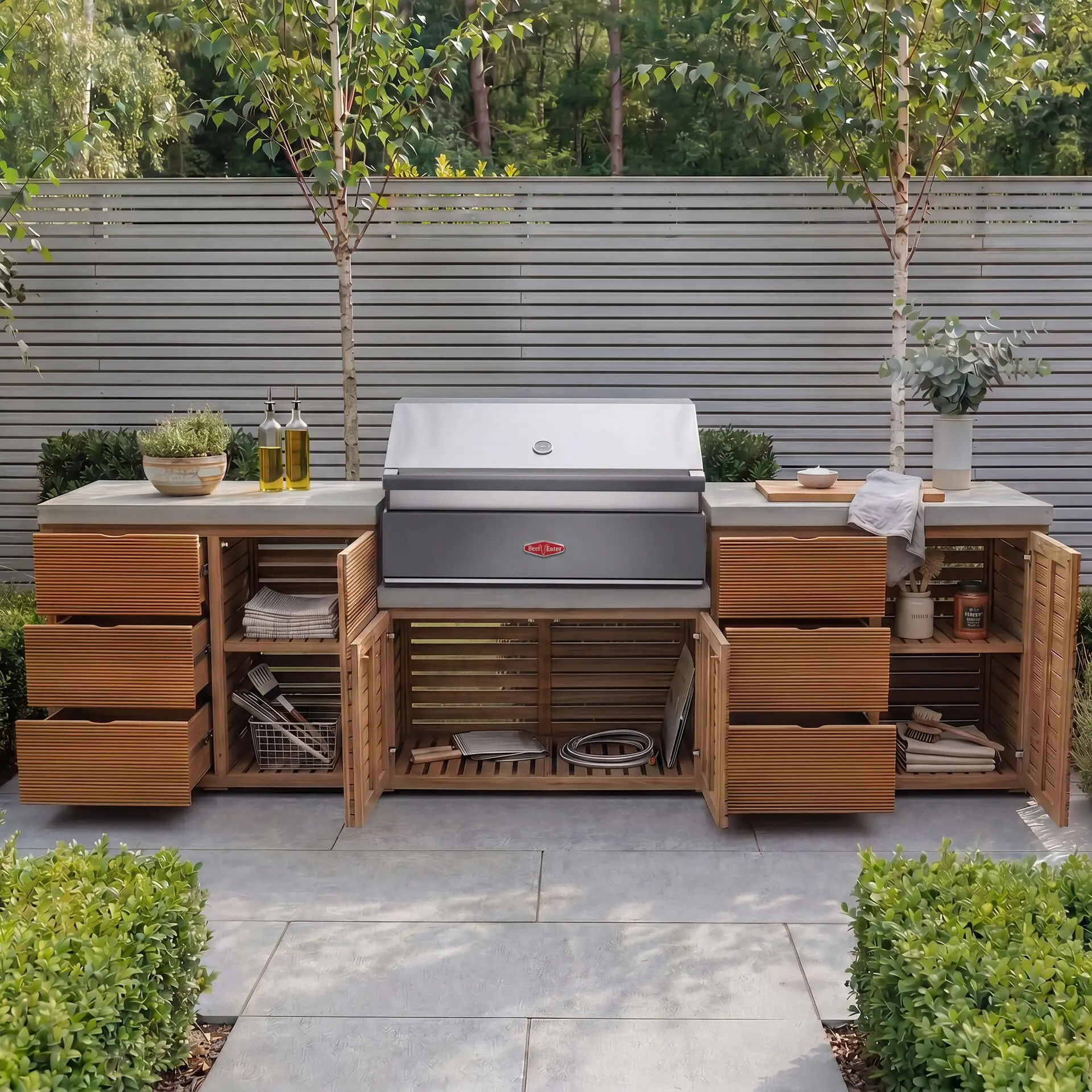 Bali Outdoor Kitchen Storage Units with Beefeater 1700 Series BBQ - Double Configuration