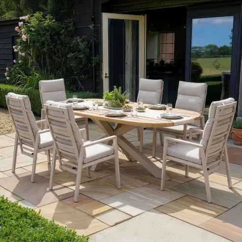 Sicily Teak 6 Seat Dining Set with Valencia Reclining Dining Chairs - Latte Sicily Teak 6 Seat Dining Set with Valencia Reclining Dining Chairs - Latte