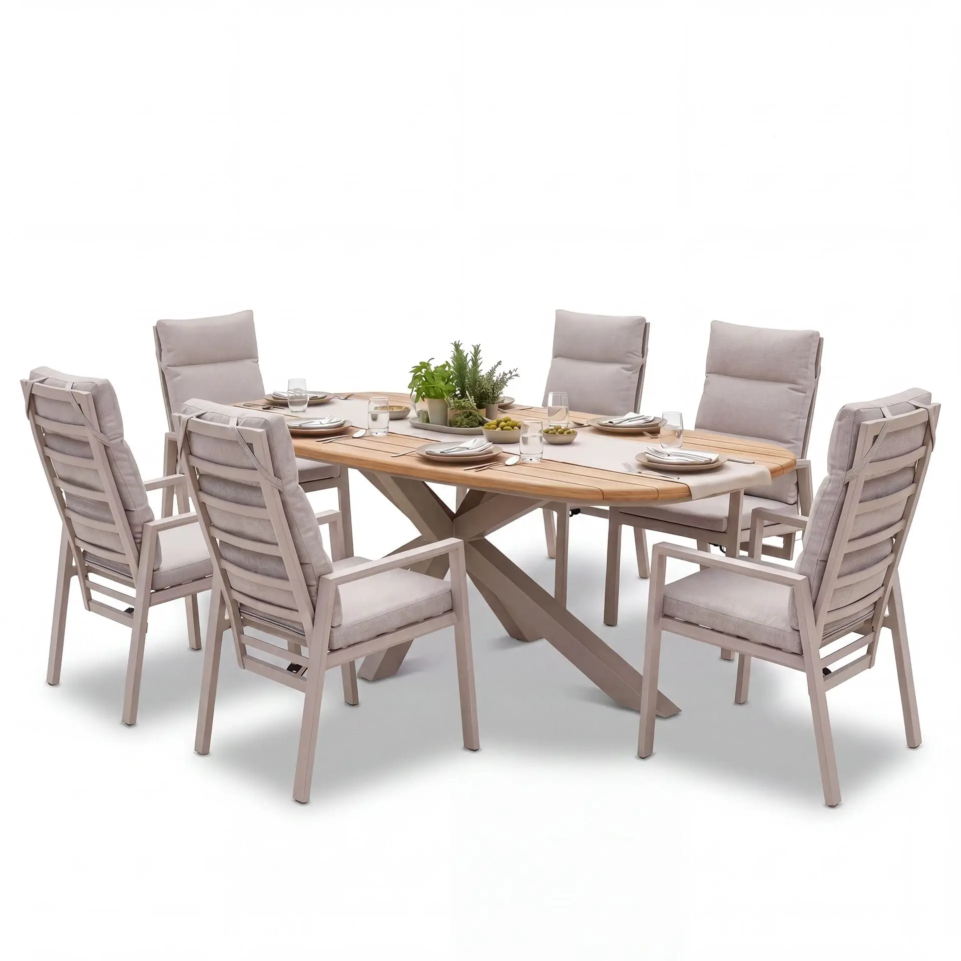 Sicily Teak 6 Seat Dining Set with Valencia Reclining Dining Chairs - Latte