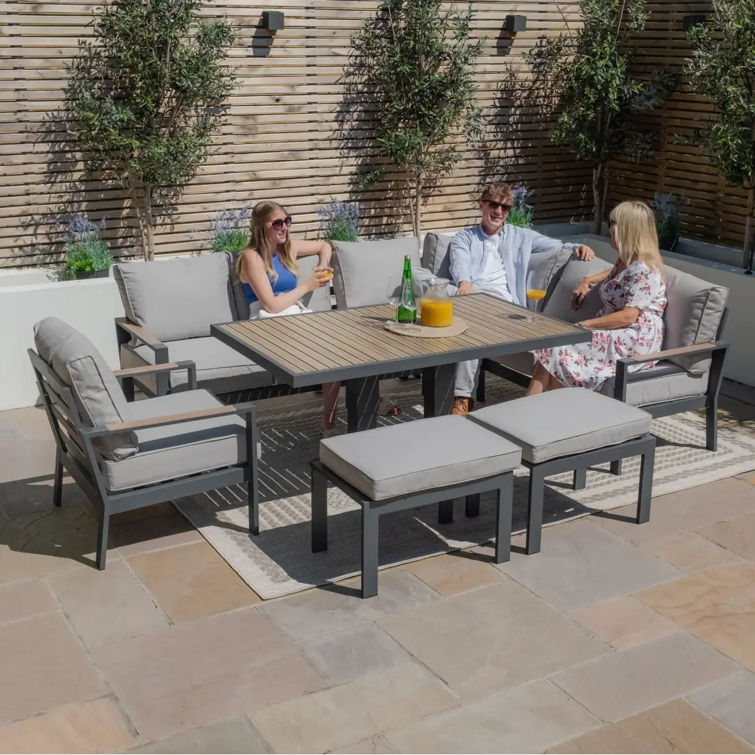 Vancouver Large Aluminium Corner Dining Set - Rectangular Rising Table with 2 Stools & Armchair Vancouver Large Aluminium Corner Dining Set - Rectangular Rising Table with 2 Stools & Armchair