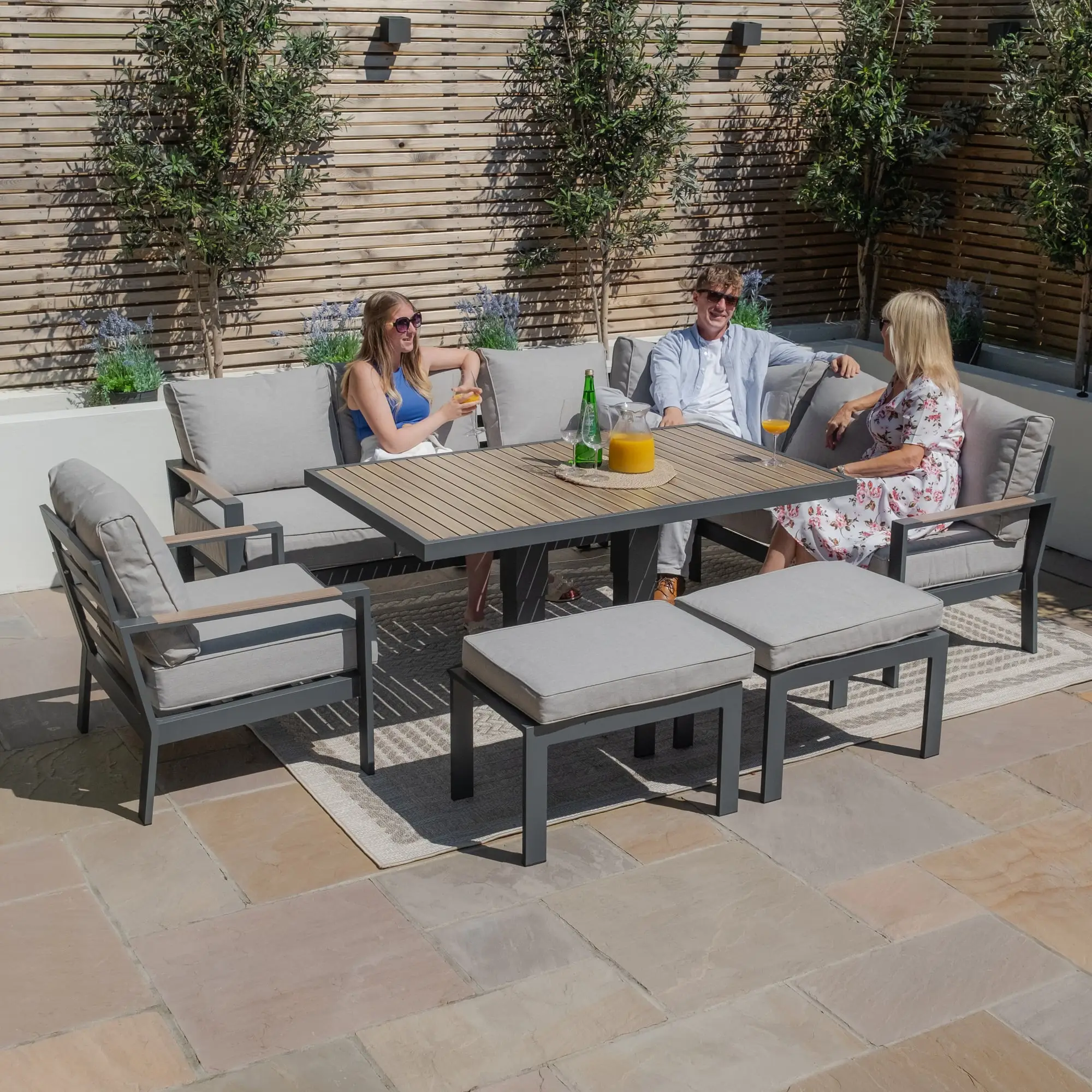 Vancouver Large Aluminium Corner Dining Set - Rectangular Rising Table with 2 Stools & Armchair