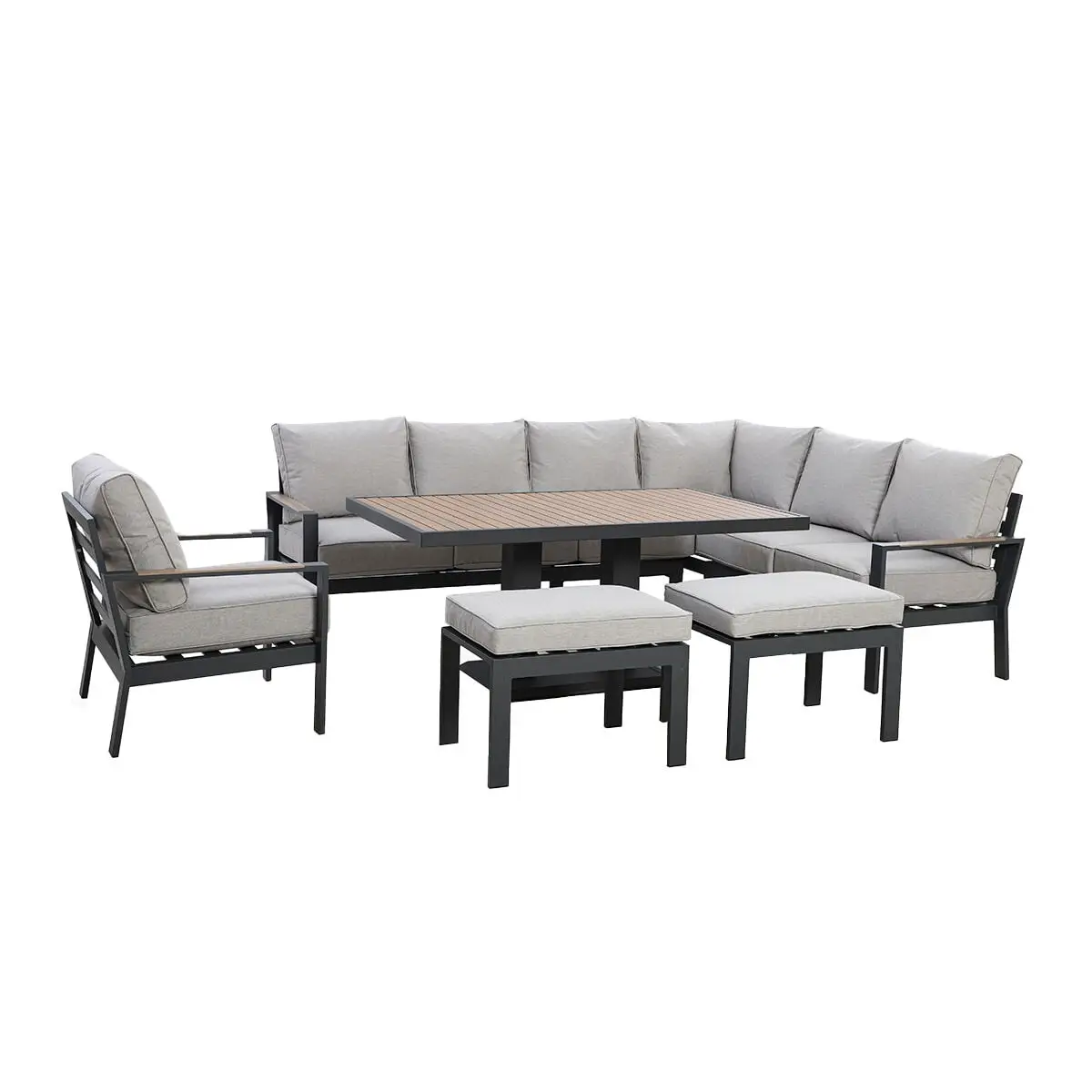 Vancouver Large Aluminium Corner Dining Set - Rectangular Rising Table with 2 Stools & Armchair