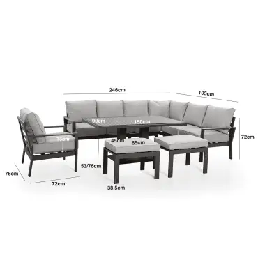 Vancouver Large Aluminium Corner Dining Set - Rectangular Rising Table with 2 Stools & Armchair