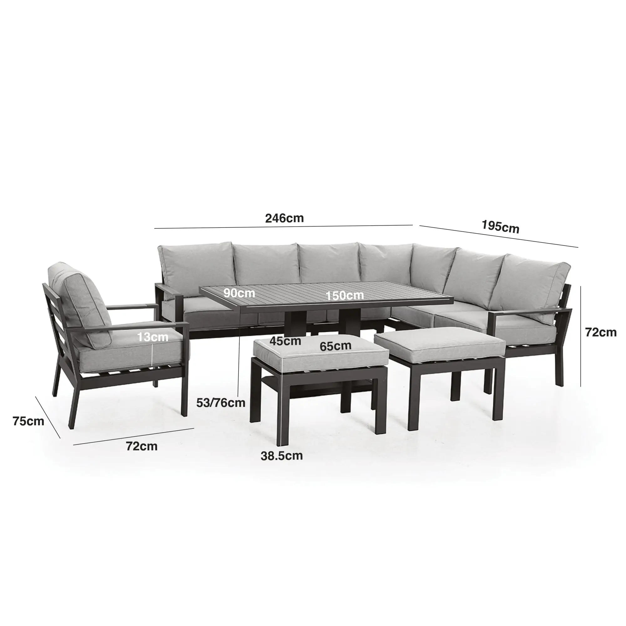 Vancouver Large Aluminium Corner Dining Set - Rectangular Rising Table with 2 Stools & Armchair