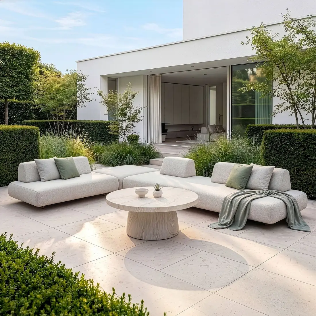 Fabric Cannes Large Corner Sofa Set - Round Marble Effect Coffee Table