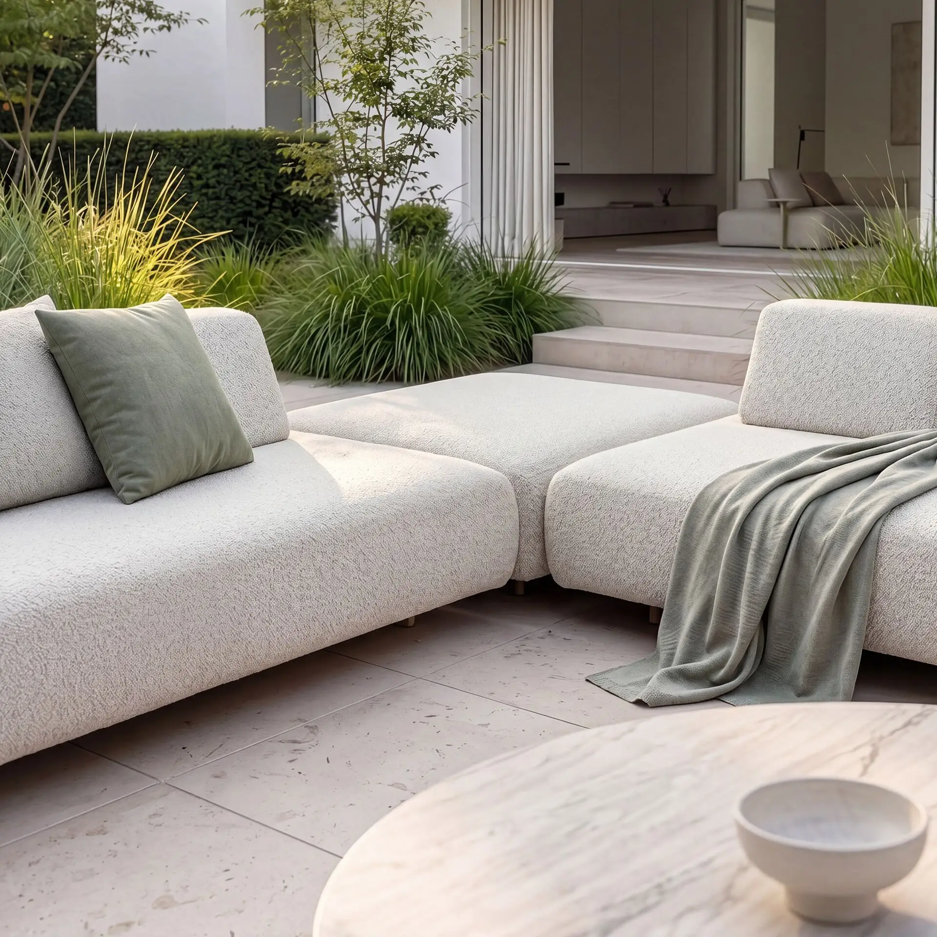 Fabric Cannes Medium Corner Sofa Set - Round Marble Effect Coffee Table