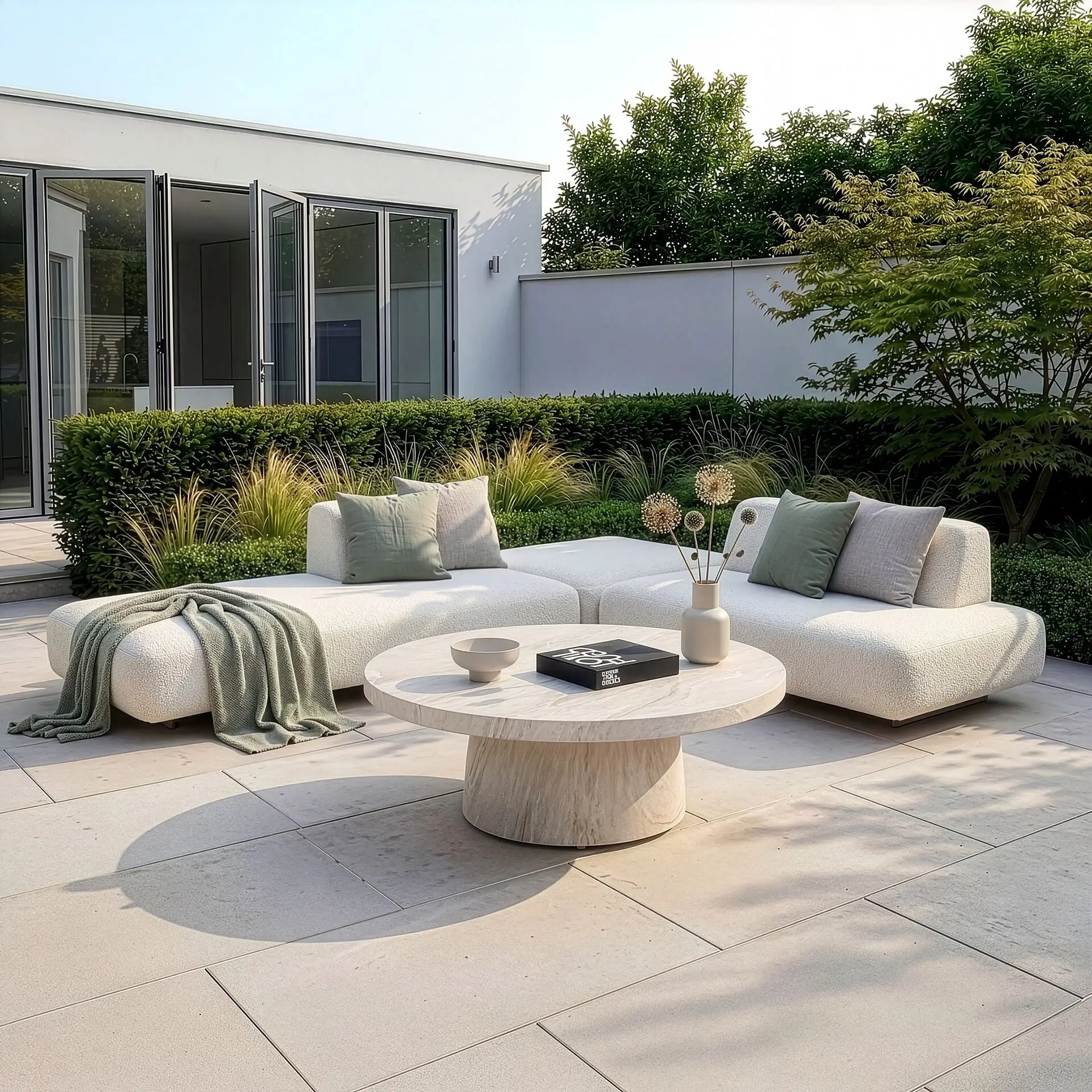 Fabric Cannes Small Corner Sofa Set - Round Marble Effect Coffee Table