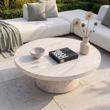 Fabric Cannes Small Corner Sofa Set - Round Marble Effect Coffee Table