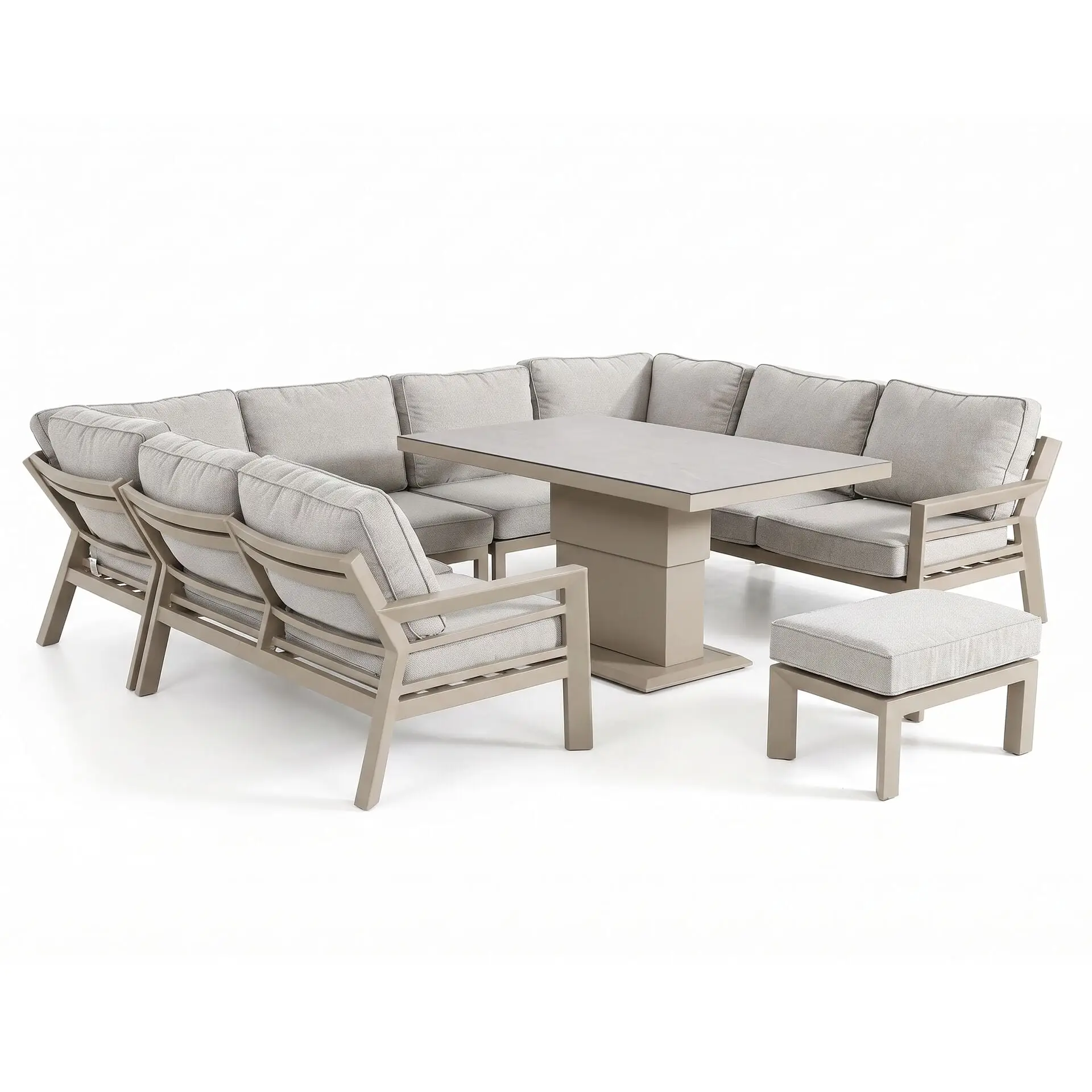 New York U-Shaped Aluminium Sofa Set with Ceramic Glass Rising Table - Latte