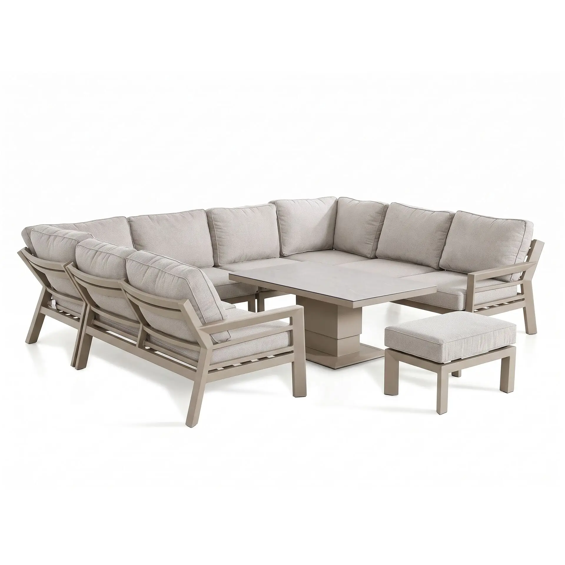 New York U-Shaped Aluminium Sofa Set with Ceramic Glass Rising Table - Latte
