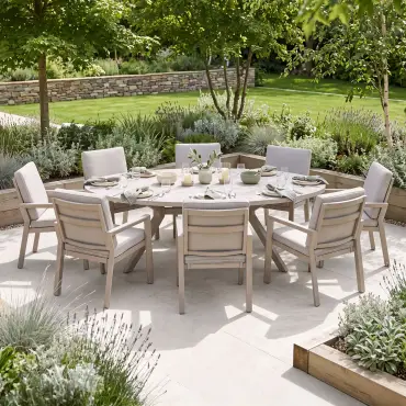 New York 8 Seat Oval Aluminium Ceramic Glass Dining Set - Latte