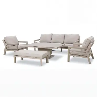 New York 3 Seat Sofa Aluminium Sofa Set with Ceramic Glass Rising Table - Latte