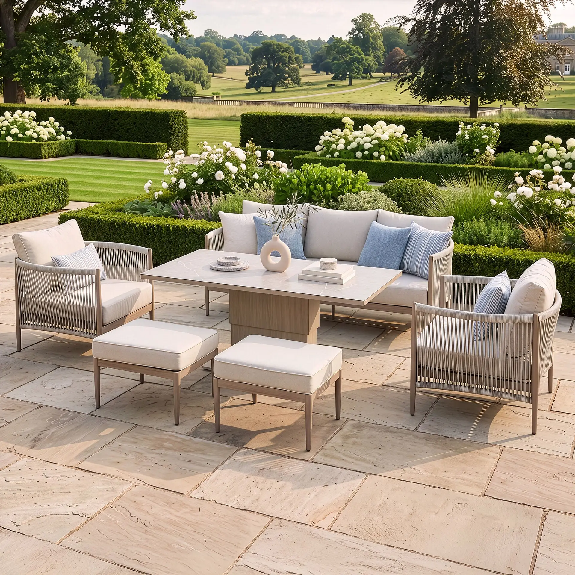 Havana Rope Weave 3 Seat Sofa Dining Set - Rising Table & Footstools