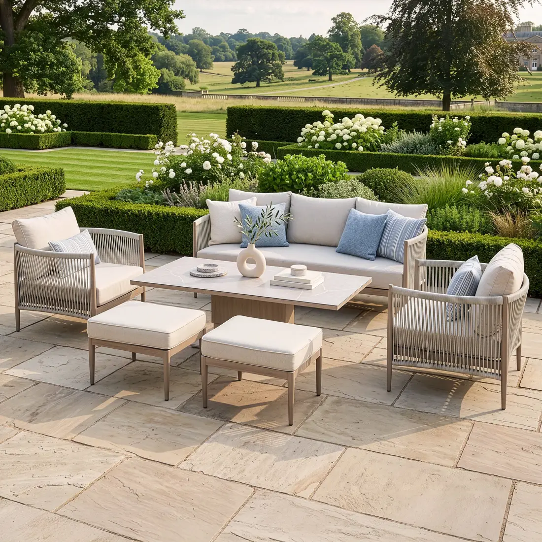 Havana Rope Weave 3 Seat Sofa Dining Set - Rising Table & Footstools Havana Rope Weave 3 Seat Sofa Dining Set - Rising Table & Footstools