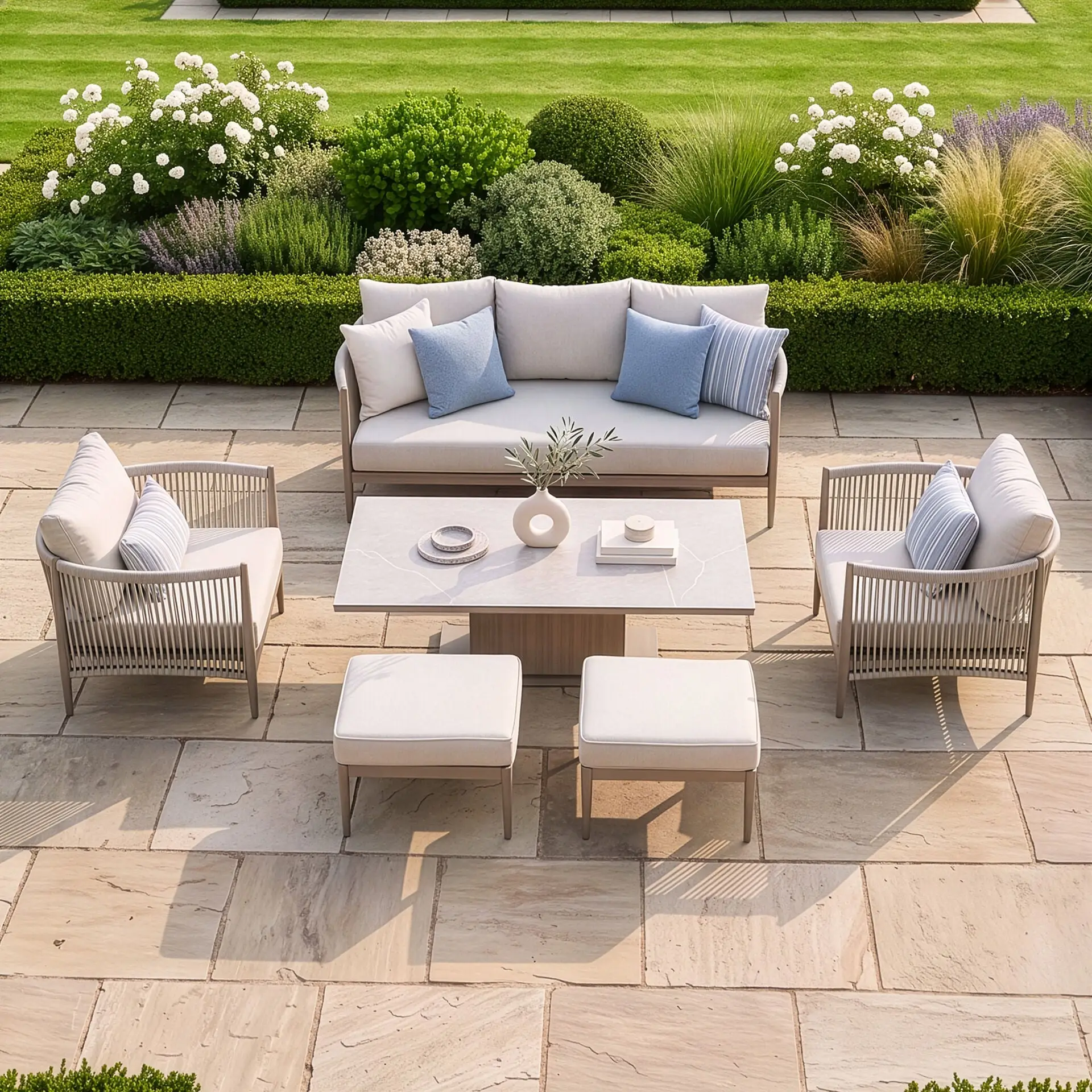 Havana Rope Weave 3 Seat Sofa Dining Set - Rising Table & Footstools