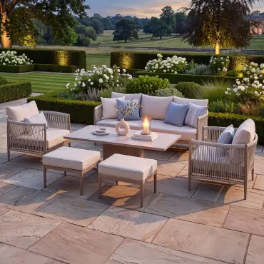 Havana Rope Weave 3 Seat Sofa Dining Set - Rising Table & Footstools