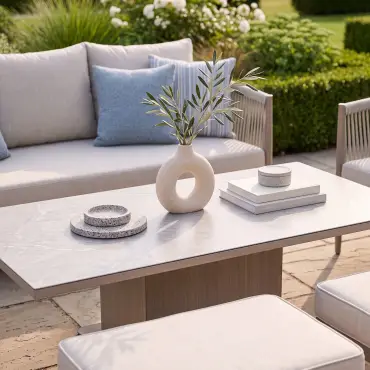 Havana Rope Weave 3 Seat Sofa Dining Set - Rising Table & Footstools
