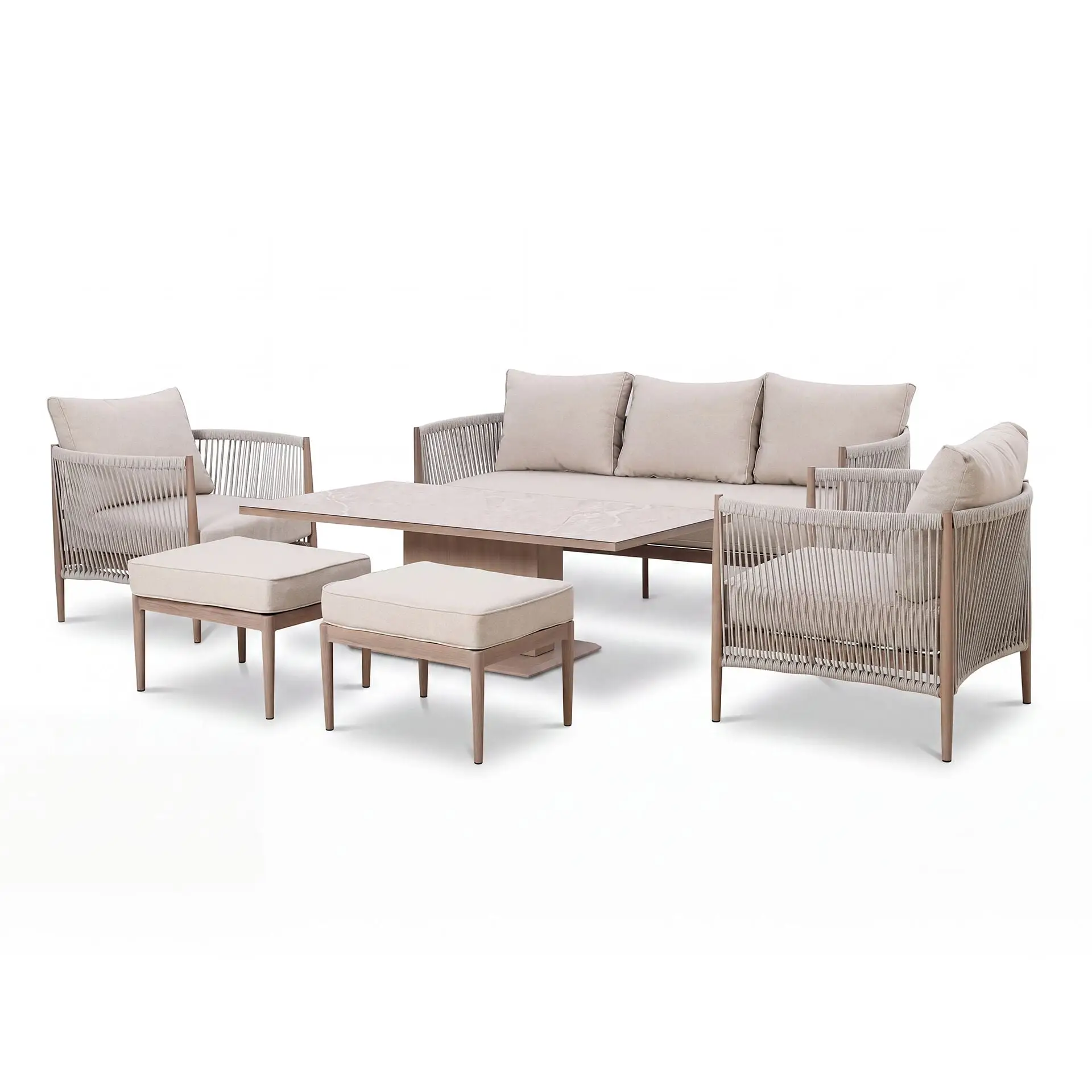 Havana Rope Weave 3 Seat Sofa Dining Set - Rising Table & Footstools